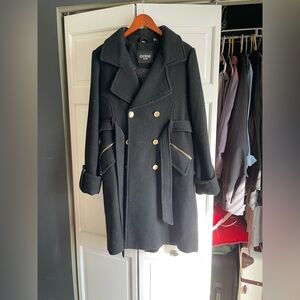 GUESS Women's Black Pea Coat with Gold Buttons